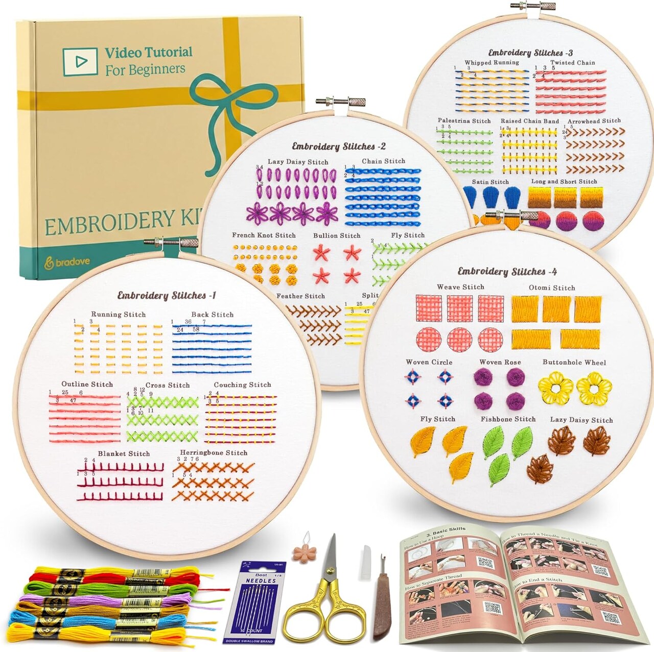 Classic Embroidery Stitches Practice Kit – Beginner Embroidery Set for Adults & Kids with Threads, Needles, Hoop, Scissors & Video Tutorial